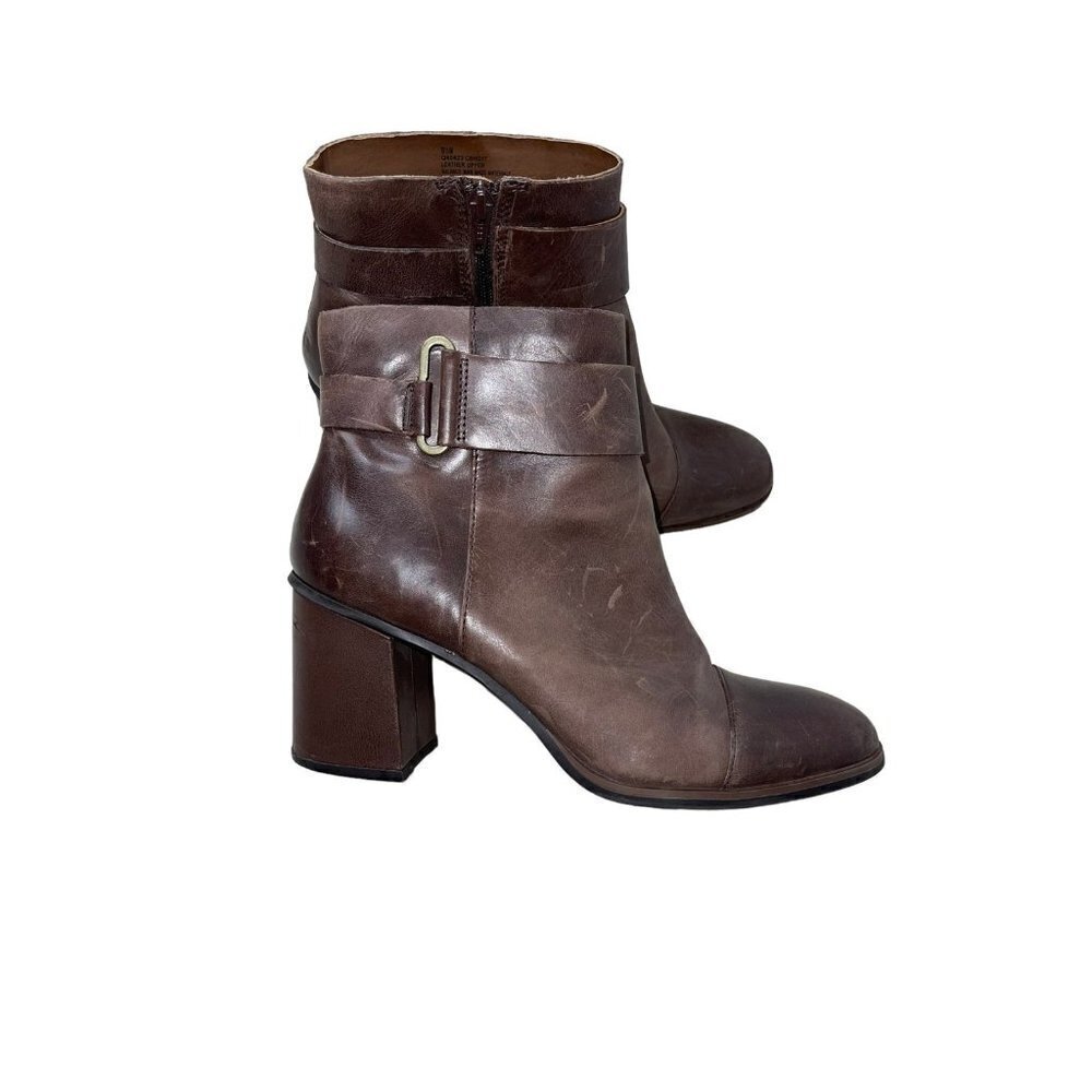 Korks Women's Hanska Booties in Dark Brown Leather Buckle Heeled Distressed 9.5